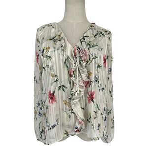 White House Black Market Floral Ruffle V-Neck Blouse White Striped Long Sleeve M